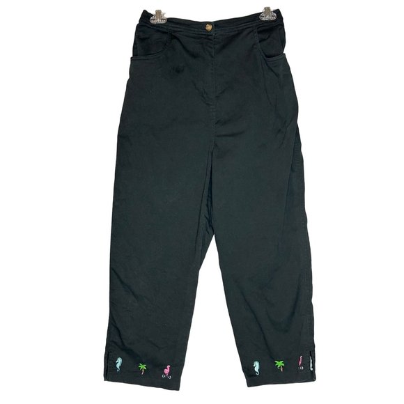 Quacker Factory Womens Medium Black Cropped Capri Black Embroidered Pants - Picture 2 of 7